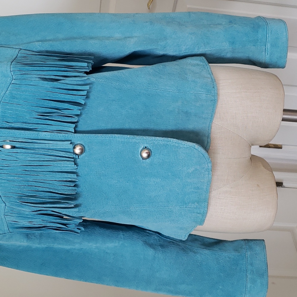Vintage Margaret Godfrey Turquoise Suede Fringe Western Jacket Cowgirl Rodeo 12 - Picture 7 of 16